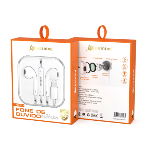 Fone De Ouvido Tipo C Intra Auricular Estéreo Celular Peining PEI-SZ01 Controle Volume e Microfone